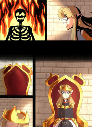 Rule 34 | 1boy, 1girl, blonde hair, blue eyes, burning, corpse, crown, crying, frown, highres, jewelry, king, king of hyrule, long hair, looking at viewer, necklace, nintendo, princess zelda, sad, sidelocks, sitting, skull, tears, the legend of zelda, the legend of zelda: a link to the past, throne, throne room, triforce, triforce earrings