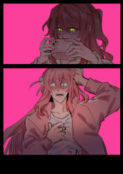 Rule 34 | 2girls, bite mark, black background, blue eyes, blush, bocchi the rock!, cellphone, commentary, cube hair ornament, drooling, glowing, glowing eyes, gotoh hitori, green eyes, hair ornament, hickey, highres, holding, holding phone, jacket, kita ikuyo, long hair, long sleeves, multiple girls, one side up, open clothes, open jacket, parted lips, phone, pink background, pink hair, pink jacket, red hair, saliva, salt66666, shirt, smartphone, sweat, taking picture, track jacket, white shirt, yuri