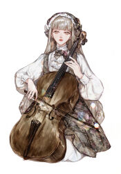 Rule 34 | 1girl, blunt bangs, bow, bow (music), brown eyes, cello, commentary request, cropped legs, dress, grey hair, hairband, highres, holding, holding instrument, instrument, korean commentary, long hair, long sleeves, looking at viewer, music, original, playing instrument, puffy long sleeves, puffy sleeves, saelah andlus, simple background, solo, sparkle, very long hair, violin, white background