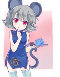Rule 34 | 1girl, alternate costume, animal ears, blue thighhighs, chinese clothes, crossover, dragon quest, dress, finger to mouth, grey hair, iris anemone, looking at viewer, mouse ears, mouse tail, nazrin, pink background, red eyes, short hair, simple background, sleeveless, slime (dragon quest), solo, tail, thighhighs, touhou, tray, turtleneck, zettai ryouiki