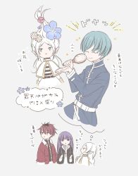 Rule 34 | 1boy, 2girls, alternate hairstyle, black coat, black hair, blue eyes, blue hair, braid, cape, capelet, closed eyes, coat, dress, earrings, elf, fern (sousou no frieren), flower, frieren, grey background, hair brush, hair flower, hair ornament, half updo, highres, himmel (sousou no frieren), holding, holding hair brush, jacket, jewelry, long hair, long sleeves, looking at another, looking away, looking to the side, mole, mole under eye, multicolored hair, multiple girls, pointy ears, profile, purple hair, red hair, red jacket, remembering, sachinyopo, shirt, short hair, skirt, skirt set, smug, sousou no frieren, stark (sousou no frieren), streaked hair, striped clothes, striped shirt, sweatdrop, thought bubble, toggles, twin braids, twintails, white cape, white capelet, white dress, white hair, white skirt