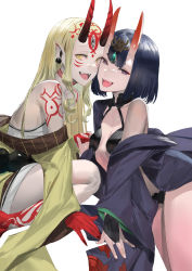 Rule 34 | 2girls, bare shoulders, blazpu, blonde hair, bob cut, breasts, collarbone, eyeliner, facial mark, fate/grand order, fate (series), forehead mark, headpiece, highres, horns, ibaraki douji (fate), japanese clothes, kimono, long hair, looking at viewer, makeup, multiple girls, oni, open mouth, pointy ears, purple eyes, purple hair, purple kimono, revealing clothes, short hair, shuten douji (fate), skin-covered horns, small breasts, smile, thighs, yellow eyes
