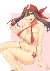 Rule 34 | 1girl, areola slip, artist name, bad id, bad pixiv id, bikini, blue eyes, breasts, brown hair, cleavage, creatures (company), game freak, gloves, highres, large breasts, long hair, looking at viewer, may (pokemon), micro bikini, multicolored clothes, multicolored gloves, nintendo, poke ball, poke ball (basic), pokemon, pokemon rse, red bikini, smile, solo, stormcow, swimsuit, tan, tanline, thighs