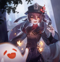 Rule 34 | 1girl, absurdres, black headwear, brown hair, chinese clothes, closed eyes, flower, genshin impact, ghost, hair flower, hair ornament, hat, highres, hu tao (genshin impact), kino (m6t2a), long sleeves, looking at viewer, open mouth, smile, symbol-shaped pupils, top hat, twintails