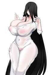Rule 34 | 1girl, black hair, blush, breasts, dress, ghost, hair between eyes, highres, huge breasts, long hair, looking at viewer, nipples, owner1657, pale skin, robe, solo, television, the ring, torn clothes, white dress, white robe, yamamura sadako
