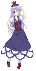 Rule 34 | 1girl, blue dress, blush, book, breasts, closed mouth, dress, female focus, full body, twirling hair, hand on own hip, hat, kamishirasawa keine, kerchief, large breasts, long hair, looking at viewer, lunchbox hat, puffy short sleeves, puffy sleeves, r-type nirvana, red ribbon, ribbon, short sleeves, simple background, smile, solo, standing, tate eboshi, touhou, white background