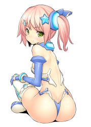 Rule 34 | 1girl, ass, bare shoulders, blue gloves, elbow gloves, from behind, gloves, green eyes, hair ornament, kintarou (kintarou&#039;s room), looking at viewer, original, pink hair, side ponytail, simple background, sitting, smile, solo, thighhighs, thong, white background, white thighhighs