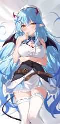Rule 34 | 1girl, absurdres, ahoge, bare arms, blue hair, breasts, cleavage, cleavage cutout, clothing cutout, corset, demon horns, demon wings, flower, frilled thighhighs, frills, hair flower, hair ornament, half updo, heart, heart ahoge, heiyan shenshi, highres, hololive, horns, large breasts, long hair, lying, multicolored hair, nail polish, on back, pointy ears, shirt, sleeveless, sleeveless shirt, solo, streaked hair, thighhighs, very long hair, virtual youtuber, white thighhighs, wings, yukihana lamy