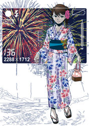 Rule 34 | 1girl, aerial fireworks, bad id, bad pixiv id, bag, brown hair, camera, fireworks, flower, hair flower, hair ornament, heco, heco (rina), japanese clothes, kimono, original, sandals, short hair, solo, standing, viewfinder
