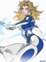 1girl absurdres blonde_hair blue_bodysuit blue_eyes bodysuit breasts earrings fantastic_four highres jewelry long_hair looking_at_viewer marvel marvel_rivals polluxery simple_background smile solo sue_storm superhero_costume two-tone_bodysuit white_background white_bodysuit