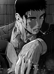 Rule 34 | 1boy, against wall, black eyes, black hair, blood, blood on face, chlthd 990, cigarette, close-up, collared jacket, collared shirt, highres, injury, jacket, looking at viewer, male focus, manly, mature male, monochrome, necktie, original, rain, shirt, smoke, smoking, solo, thick eyebrows, upper body, veins, veiny hands, wet, wet clothes