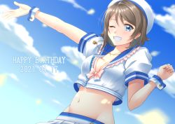 Rule 34 | 1girl, anchor earrings, aqua eyes, artist name, artist request, blue eyes, blue sailor collar, blue sky, blush, bow, bowtie, breasts, brown hair, cleavage, clenched hand, cloud, collarbone, day, earrings, female focus, grey hair, hair between eyes, hat, highres, jewelry, light brown hair, looking at viewer, love live!, love live! school idol festival, love live! sunshine!!, medium breasts, necklace, outdoors, pendant, pink bow, sailor collar, shirt, short hair, skirt, sky, solo, watanabe you, white hat, white shirt, white skirt, white wrist cuffs, wrist cuffs