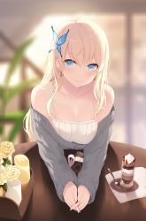 Rule 34 | 1girl, absurdres, aqua eyes, bare shoulders, beige dress, blonde hair, blue eyes, blurry, blurry background, blush, boku wa tomodachi ga sukunai, breasts, bug, butterfly, butterfly hair ornament, cait aron, candle, cleavage, closed mouth, collarbone, cup, dress, fingers together, flower, gift, grey sweater, hair ornament, highres, huge filesize, indoors, insect, kashiwazaki sena, large breasts, leaning on object, long hair, looking at viewer, off-shoulder sweater, off shoulder, parfait, pov, pov across table, saucer, sidelocks, sleeveless, sleeveless dress, smile, solo, spoon, sweater, table, upper body, yellow flower