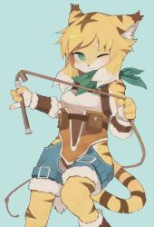 Rule 34 | 1girl, :3, animal ears, blonde hair, blue background, blue eyes, crayon (crayon1006), female focus, furry, furry female, green neckerchief, hip vent, holding, holding whip, mia (world flipper), multicolored hair, neckerchief, one eye closed, shorts, simple background, solo, tail, tiger ears, tiger tail, whip, white hair, world flipper