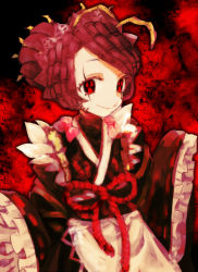 Rule 34 | 1girl, entoma vasilissa zeta, arthropod girl, kimono, looking at viewer, maid, monster girl, overlord (maruyama), red background, smile, unusual pupils