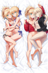 Rule 34 | 4girls, ahoge, ahoge removed, areola slip, artoria pendragon (all), artoria pendragon (fate), artoria pendragon (swimsuit archer) (fate), ass, barefoot, bed sheet, bikini, black jacket, black ribbon, blonde hair, blue ribbon, blush, bottomless, bracelet, braid, breasts, bred jacket, butt crack, closed mouth, collarbone, dakimakura (medium), detached hair, fang, fate/apocrypha, fate/grand order, fate (series), father and son, feet, french braid, full body, green eyes, hair ornament, hair ribbon, hair scrunchie, hand on another&#039;s back, hand on another&#039;s head, hand on another&#039;s waist, highres, hug, jacket, jewelry, legs, long hair, long sleeves, looking at viewer, low ponytail, medium breasts, mordred (fate), mordred (fate) (all), mordred (memories at trifas) (fate), mordred (swimsuit rider) (fate), mother and daughter, multiple girls, multiple persona, multiple views, naked jacket, navel, necklace, open clothes, open jacket, pale skin, parted bangs, ponytail, red scrunchie, ribbon, saber alter, saber alter (ver. shinjuku 1999) (fate), scrunchie, side-tie bikini bottom, sidelocks, small breasts, smile, soles, swimsuit, toes, tonee, untied bikini, unzipped, yellow eyes, zipper, zipper pull tab