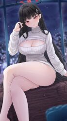 Rule 34 | 1girl, barefoot, black hair, blue archive, blush, breasts, cleavage cutout, clothing cutout, crossed legs, feet out of frame, halo, hand up, highres, indoors, large breasts, legs, long hair, long sleeves, looking at viewer, night, night sky, red eyes, reijing etrn, rio (blue archive), sky, solo, sweater, turtleneck, turtleneck sweater, very long hair, white sweater, window