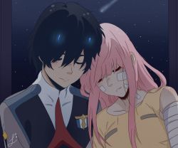 Rule 34 | 10s, 1boy, 1girl, bandaged arm, bandages, bandaid, bandaid on face, black hair, blue horns, closed eyes, commentary, couple, darling in the franxx, english commentary, hetero, hiro (darling in the franxx), horns, leslove-draws, long hair, military, military uniform, necktie, night, night sky, nightgown, oni horns, pink hair, red horns, red neckwear, short hair, signature, sky, star (sky), star (symbol), starry sky, uniform, zero two (darling in the franxx)