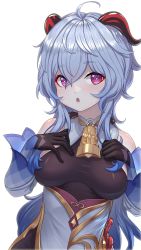 Rule 34 | ahoge, bare shoulders, bell, black gloves, blue hair, blush, breasts, breasts apart, chinese knot, curled horns, detached sleeves, flower knot, ganyu (genshin impact), genshin impact, gloves, gold trim, hands on own chest, highres, horns, long hair, looking at viewer, medium breasts, neck bell, purple eyes, sidelocks, solo, white background, white sleeves, youtuou