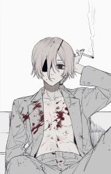Rule 34 | 1girl, abs, black eyes, blood, blood splatter, blood on clothes, breasts, chainsaw man, cigarette, closed mouth, collarbone, commentary, ebanoniwa, expressionless, eyepatch, formal, grey jacket, grey pants, grey suit, hair between eyes, hand on own head, highres, holding, holding cigarette, jacket, looking at viewer, medium breasts, medium hair, navel, no bra, no shirt, one eye covered, pant suit, pants, quanxi (chainsaw man), short ponytail, silver hair, simple background, sitting, smoke, solo, suit, white background