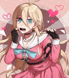 Rule 34 | 1girl, antenna hair, barbed wire, black gloves, blonde hair, blue eyes, blush, breasts, choker, cleavage, collarbone, commentary request, crying, crying with eyes open, danganronpa (series), danganronpa v3: killing harmony, fingerless gloves, gloves, hair between eyes, hands up, heart, heart background, highres, iruma miu, large breasts, leaning forward, long hair, long sleeves, looking at viewer, medium breasts, open mouth, pink shirt, pink skirt, pleated skirt, sailor collar, saliva, school uniform, serafuku, shindyushiyou, shirt, skirt, solo, tears, teeth, very long hair
