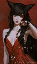 Rule 34 | 1girl, ahri (league of legends), artist name, bare shoulders, black hair, black nails, bracelet, breasts, closed mouth, dress, facial mark, hand up, highres, jewelry, league of legends, long hair, medium breasts, nixeu, red background, red dress, solo, upper body, watermark, web address, whisker markings