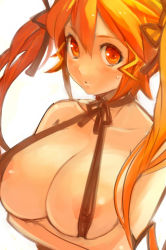 Rule 34 | 1girl, areola slip, blush, breast hold, breasts, cleavage, crossed arms, huge breasts, looking at viewer, orange hair, original, red eyes, red hair, ribbon, skindentation, solo, sweatdrop, twintails, won (toufunokado)