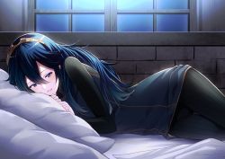 Rule 34 | 1girl, ameno (a meno0), bed, black sweater, blue eyes, blue hair, blush, fire emblem, fire emblem awakening, hair between eyes, indoors, jewelry, lips, long hair, long sleeves, looking down, lucina (fire emblem), lying, moonlight, night, nintendo, on bed, on side, parted lips, pillow, pink lips, ribbed sweater, solo, sweater, symbol-shaped pupils, teeth, tiara, window