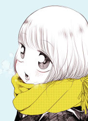 Rule 34 | 1girl, blush, breath, looking at viewer, monochrome background, open mouth, original, scarf, screentones, short hair, simple background, solo, tokomichi, unmoving pattern