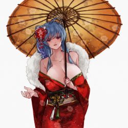 Rule 34 | 1girl, ahoge, azur lane, bare shoulders, blonde hair, breasts, cleavage, commentary, cowboy shot, floral print, flower, fur trim, furisode, hair flower, hair ornament, highres, holding, holding umbrella, japanese clothes, kimono, large breasts, long hair, looking at viewer, official alternate costume, print kimono, purple eyes, red flower, red kimono, red lips, saichuu (more1208), sash, side ponytail, sidelocks, solo, st. louis (azur lane), st. louis (spirits in the snow) (azur lane), standing, tassel, umbrella, upper body, white background, wide sleeves