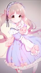 Rule 34 | 1girl, ahoge, black ribbon, blue choker, blue dress, blurry, blush, bow, breasts, brown eyes, brown hair, choker, collarbone, dot nose, dress, frilled dress, frilled skirt, frills, grey background, hair bow, hair ribbon, hakozaki serika, hand on own cheek, hand on own face, hand up, highres, idolmaster, idolmaster million live!, idolmaster million live! theater days, leg up, long hair, long sleeves, looking at viewer, norada, open hand, open mouth, pantyhose, parted lips, pink bow, pink ribbon, red footwear, ribbon, ribbon-trimmed clothes, ribbon trim, shoes, simple background, skirt, small breasts, solo, standing, standing on one leg, twintails, very long hair, white headdress, white pantyhose