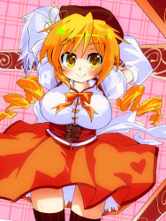 Rule 34 | 10s, 1girl, arms behind head, beret, blonde hair, breasts, detached sleeves, drill hair, gin (shioyude), hair ornament, hat, large breasts, magical girl, mahou shoujo madoka magica, mahou shoujo madoka magica (anime), pleated skirt, puffy sleeves, shirt, skirt, smile, solo, taut clothes, taut shirt, thighhighs, tomoe mami, yellow eyes, zettai ryouiki