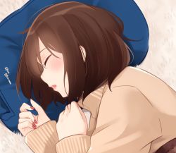 Rule 34 | 1girl, blush, brown hair, brown sweater, commentary request, dutch angle, closed eyes, fingernails, hands up, highres, kapatarou, long sleeves, lying, nail polish, on side, original, parted lips, pillow, red nails, sleeping, sleeves past wrists, solo, sweater, upper body