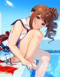 Rule 34 | 1girl, ahoge, back bow, barefoot, blue sky, blurry, blurry background, bow, brown hair, dress, drill hair, feet, foot out of frame, grin, hair ribbon, idol, idolmaster, idolmaster million live!, idolmaster million live! theater days, kamille (vcx68), knee up, leaning forward, looking at viewer, medium hair, pleated skirt, pool, purple eyes, red bow, red ribbon, ribbon, senkou hanabi dan (idolmaster), short dress, side drill, side ponytail, sitting, skirt, sky, smile, soaking feet, solo, sparkle, toes, wet, white dress, yokoyama nao