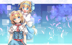 Rule 34 | 2girls, alice margatroid, alice margatroid (pc-98), blonde hair, blue background, blue bow, blue dress, blue eyes, blush, bow, capelet, culter, dress, dual persona, eyelashes, hair ribbon, hairband, hand on another&#039;s head, hand on shoulder, head tilt, highres, multiple girls, open mouth, puffy sleeves, red ribbon, ribbon, sash, shirt, short hair, short sleeves, sitting, skirt, smile, suspenders, time paradox, touhou, touhou (pc-98), wallpaper