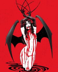 Rule 34 | 1girl, arms up, black hair, blood, blood from mouth, commentary, completely nude, corin m howell, demon, demon girl, demon wings, elbow gloves, english commentary, gloves, highres, long hair, navel, nude, original, parted lips, partially submerged, red background, signature, simple background, solo, standing, vampire, very long fingernails, wings