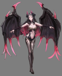 Rule 34 | 1girl, absurdres, black gloves, black hair, black pantyhose, blood, breasts, bridal gauntlets, character request, cleavage, closed mouth, commentary, copyright request, demon girl, demon horns, demon wings, elbow gloves, english commentary, full body, gloves, gradient hair, grey background, highres, horns, large breasts, light smile, long hair, looking at viewer, mac star, multicolored hair, navel, no shoes, pantyhose, red eyes, red hair, revealing clothes, simple background, solo, torn clothes, torn pantyhose, wings