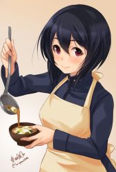 Rule 34 | 1girl, apron, artist name, bad id, bad twitter id, blue hair, blue jacket, bowl, brave witches, closed mouth, food, gradient background, haruhata mutsuki, highres, holding, holding food, jacket, ladle, looking at viewer, military, military uniform, pouring, purple eyes, shimohara sadako, short hair, signature, smile, solo, soup, standing, uniform, upper body, world witches series, yellow apron