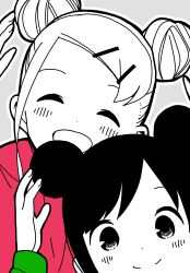 Rule 34 | 2girls, :d, ^ ^, alternate hairstyle, arm up, black hair, closed eyes, commentary request, double bun, facing viewer, grey background, hair bun, hair ornament, hairclip, happy, highres, hitori bocchi, hitoribocchi no marumaru seikatsu, katsuwo (cr66g), looking at viewer, matching hairstyle, multiple girls, open mouth, outline, partially colored, simple background, smile, sotoka rakita, upper body, white outline