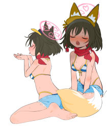 Rule 34 | 1girl, animal ear fluff, animal ears, barefoot, bikini, black hair, blue archive, blush, breasts, closed eyes, cupping hands, denim, denim shorts, fox ears, fox girl, fox tail, grey background, halo, highres, izuna (blue archive), izuna (swimsuit) (blue archive), medium breasts, multiple views, open mouth, oral invitation, own hands together, red scarf, scarf, short shorts, shorts, simple background, sitting, striped bikini, striped clothes, sumomo (raviklx50uc2r2d), swimsuit, tail, tongue, tongue out, visor cap, waiting for cum, wariza