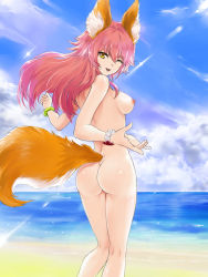 1girl animal_ears ass beach breasts day fangs fate/grand_order fate_(series) female_focus fengya fox_ears fox_tail highres large_breasts long_hair looking_at_viewer looking_back nipples nude ocean one_eye_closed open_mouth outdoors pink_hair solo swimsuit tail tamamo_(fate) tamamo_no_mae_(fate/extra) tamamo_no_mae_(swimsuit_lancer)_(fate) yellow_eyes