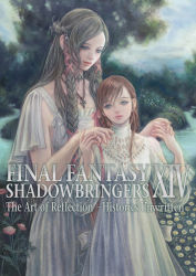 Rule 34 | 2girls, absurdres, blonde hair, blue eyes, braid, brown hair, copyright name, cover, dress, final fantasy, final fantasy xiv, flower, hair ornament, hair ribbon, highres, holding hands, jewelry, long hair, looking at viewer, minfilia warde, multiple girls, necklace, official art, parted lips, ribbon, ryne waters, smile, twin braids, white dress