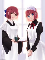 Rule 34 | 2girls, apron, blue eyes, bow, bowtie, collared shirt, cup, food, hair bow, half updo, highres, hisui (tsukihime), japanese clothes, kimono, kohaku (tsukihime), long sleeves, looking at viewer, maid, maid headdress, mixed maids, multiple girls, onigiri, open mouth, own hands together, puffy long sleeves, puffy sleeves, red hair, shirt, short hair, sleeve cuffs, sukiniyaru, tea, teacup, tray, tsukihime, twitter username, wa maid, yellow eyes