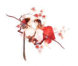 Rule 34 | 2girls, aged down, arrow (projectile), autumn leaves, barefoot, blunt bangs, bow (weapon), branch, brown hair, child, closed eyes, facing another, full body, hakama, highres, holding, holding bow (weapon), holding weapon, in tree, inuyasha, invisible chair, japanese clothes, kaede (inuyasha), kikyou (inuyasha), leaf, long hair, looking at another, low ponytail, lying, maple leaf, miko, multiple girls, on back, painting (medium), ponytail, profile, quiver, red hakama, ribbon-trimmed sleeves, ribbon trim, siblings, simple background, sisters, sitting, sleeping, smile, sundaetail, traditional media, tree, very long hair, watercolor (medium), weapon, white background, wide sleeves