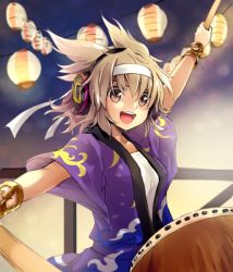 Rule 34 | 1girl, :d, arm up, bracelet, brown eyes, brown hair, drum, earmuffs, hairband, instrument, japanese clothes, jewelry, looking at viewer, makuwauri, open mouth, outstretched arm, short hair, smile, solo, taiko drum, touhou, toyosatomimi no miko