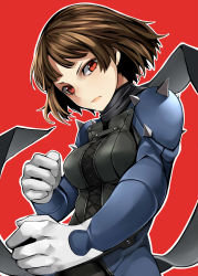 Rule 34 | 10s, 1girl, biker clothes, black neckwear, bodysuit, brown hair, closed mouth, corset, fighting stance, gloves, highres, long sleeves, looking at viewer, nemu (nebusokugimi), niijima makoto, outline, persona, persona 5, red background, red eyes, scarf, serious, short hair, shoulder spikes, simple background, solo, spikes, upper body, white outline