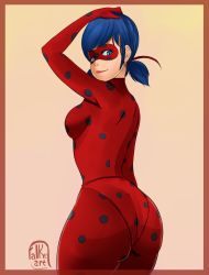 Rule 34 | 1girl, arm behind back, arm up, artist name, ass, back, blue eyes, blue hair, bodysuit, breasts, deviantart username, domino mask, falkeart, hair ribbon, highres, huge ass, ladybug (character), long hair, looking at viewer, looking back, marinette dupain-cheng, mask, miraculous ladybug, polka dot, red ribbon, ribbon, small breasts, smile, solo, twintails