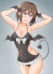1girl, alternate costume, anti (untea9), arms behind head, bat wings, black leotard, blue eyes, breasts, brown hair, cleavage, commentary request, cowboy shot, demon tail, demon wings, frilled leotard, frills, gradient, gradient background, grey background, hair ornament, head wings, highres, kantai collection, large breasts, leotard, looking at viewer, maya (kancolle), short hair, solo, tail, wings, x hair ornament