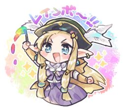 Rule 34 | 1girl, :d, arm up, black hat, blonde hair, blue eyes, blush, bow, commentary request, dahlia (rune factory), earrings, elf, excited, hat, hat feather, holding, holding paintbrush, jewelry, long hair, looking at viewer, low-tied long hair, mikan tabetai, open mouth, paintbrush, pointy ears, purple bow, purple skirt, rune factory, rune factory 3, shirt, skirt, smile, solo, sparkling eyes, translation request, v-shaped eyebrows, very long hair, white background, white shirt