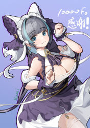 Rule 34 | 1girl, absurdres, artist name, azur lane, bare shoulders, black hair, blue background, blue eyes, blue hair, blunt bangs, breasts, cheshire (azur lane), cleavage, grey hair, highres, komi (komiking), large breasts, looking at viewer, maid, multicolored hair, paw pose, simple background, smile, solo, thighhighs, two-tone hair, white thighhighs